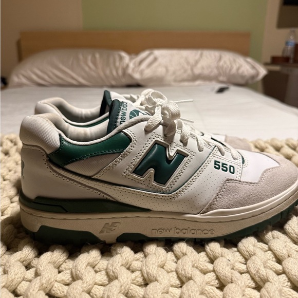 New Balance 550 White and Green Athletic Shoes - Picture 6 of 7